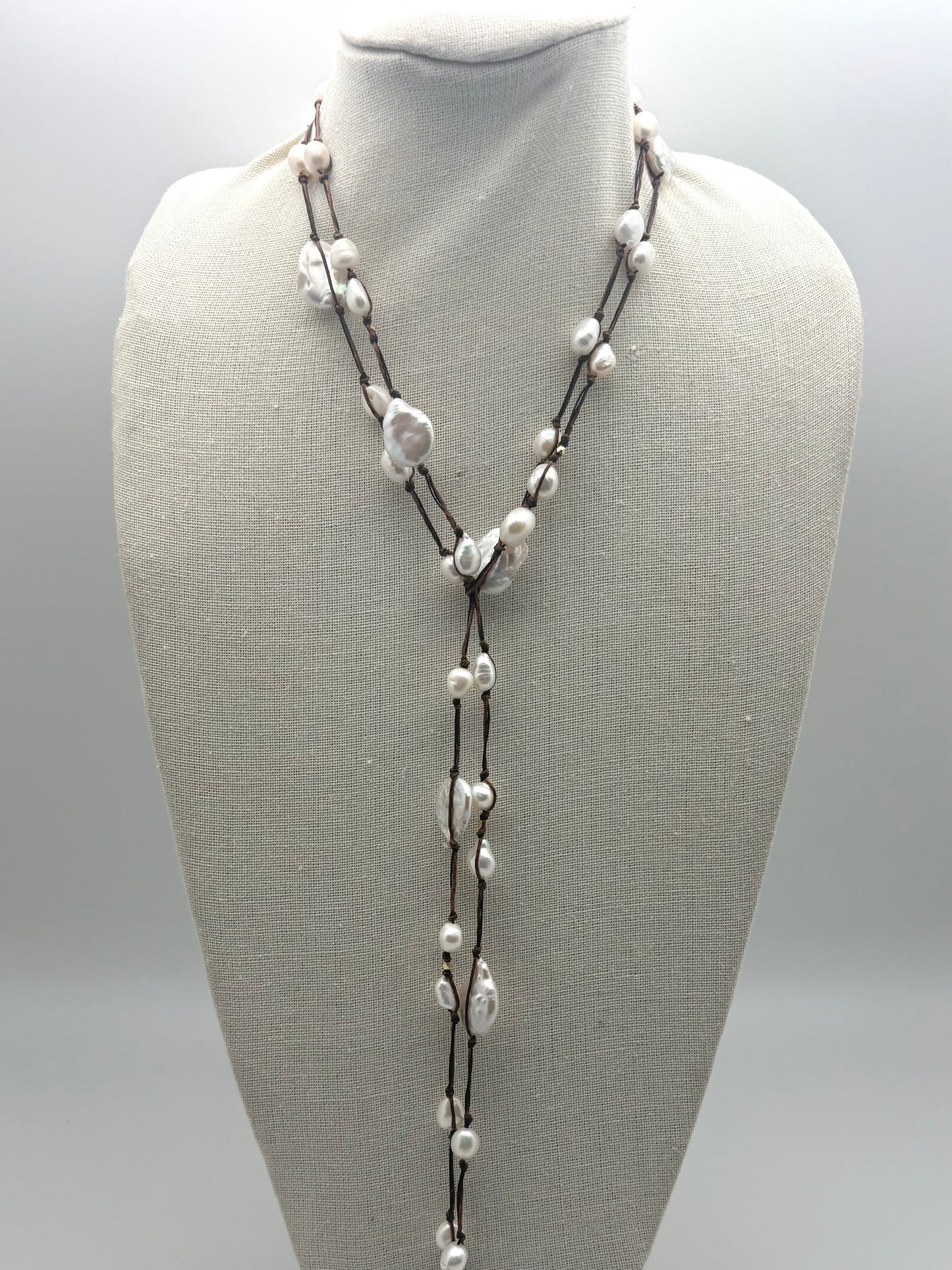 Sofia Silk Lariat - chocolate/white pearl
