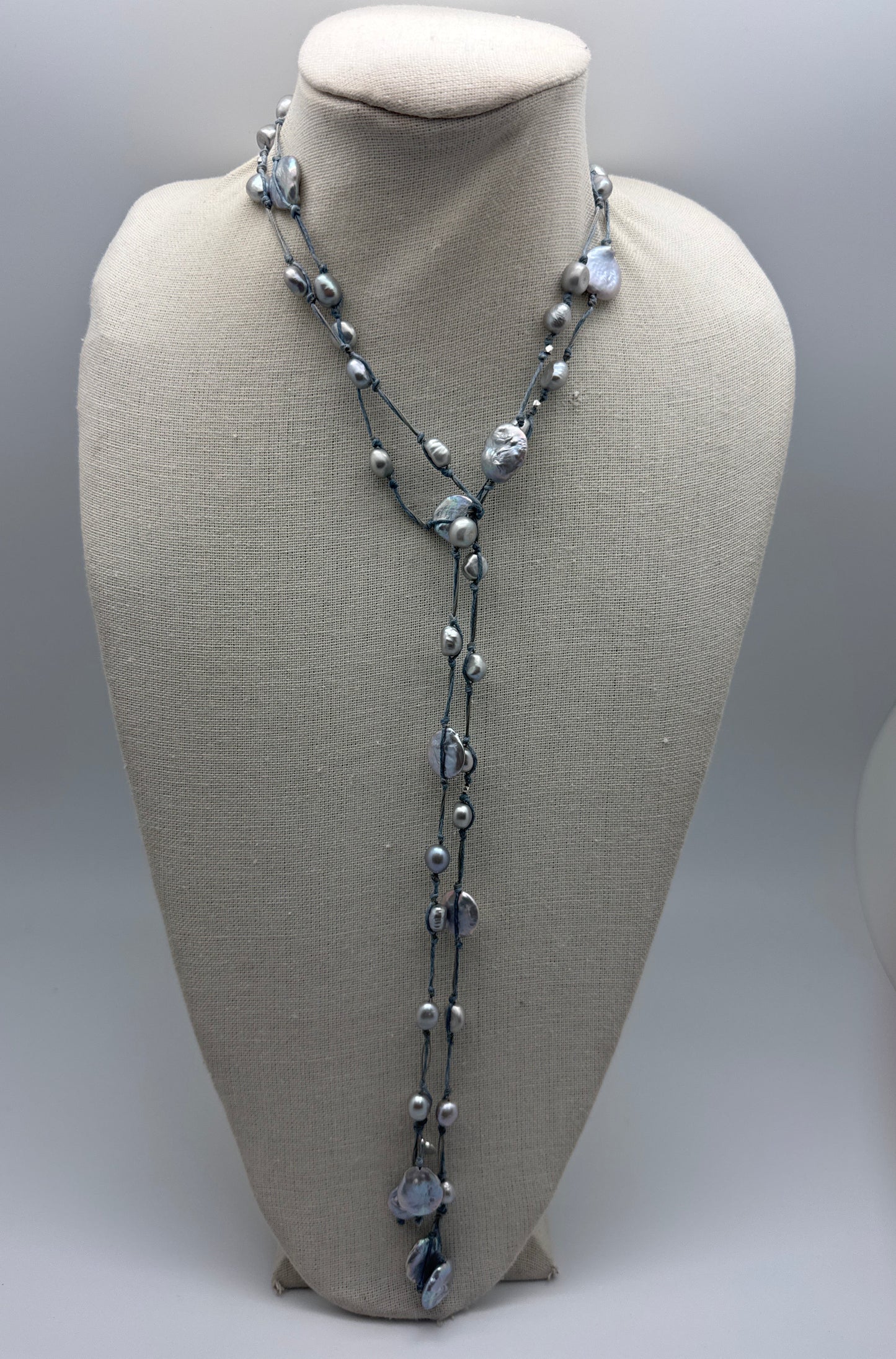 Sofie Silk Lariat - gray / gray pearl