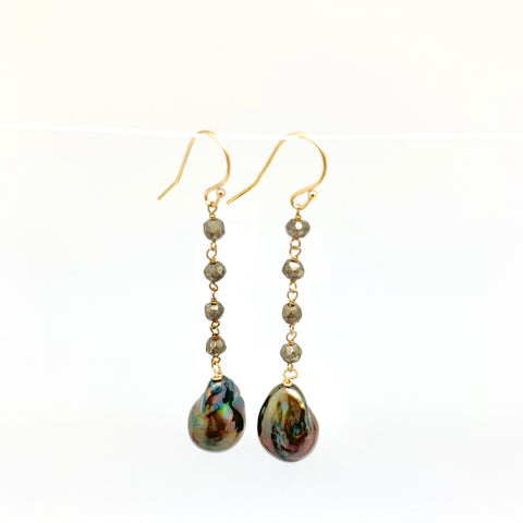 Dangle baroque earrings - pyrite, peacock pearl.