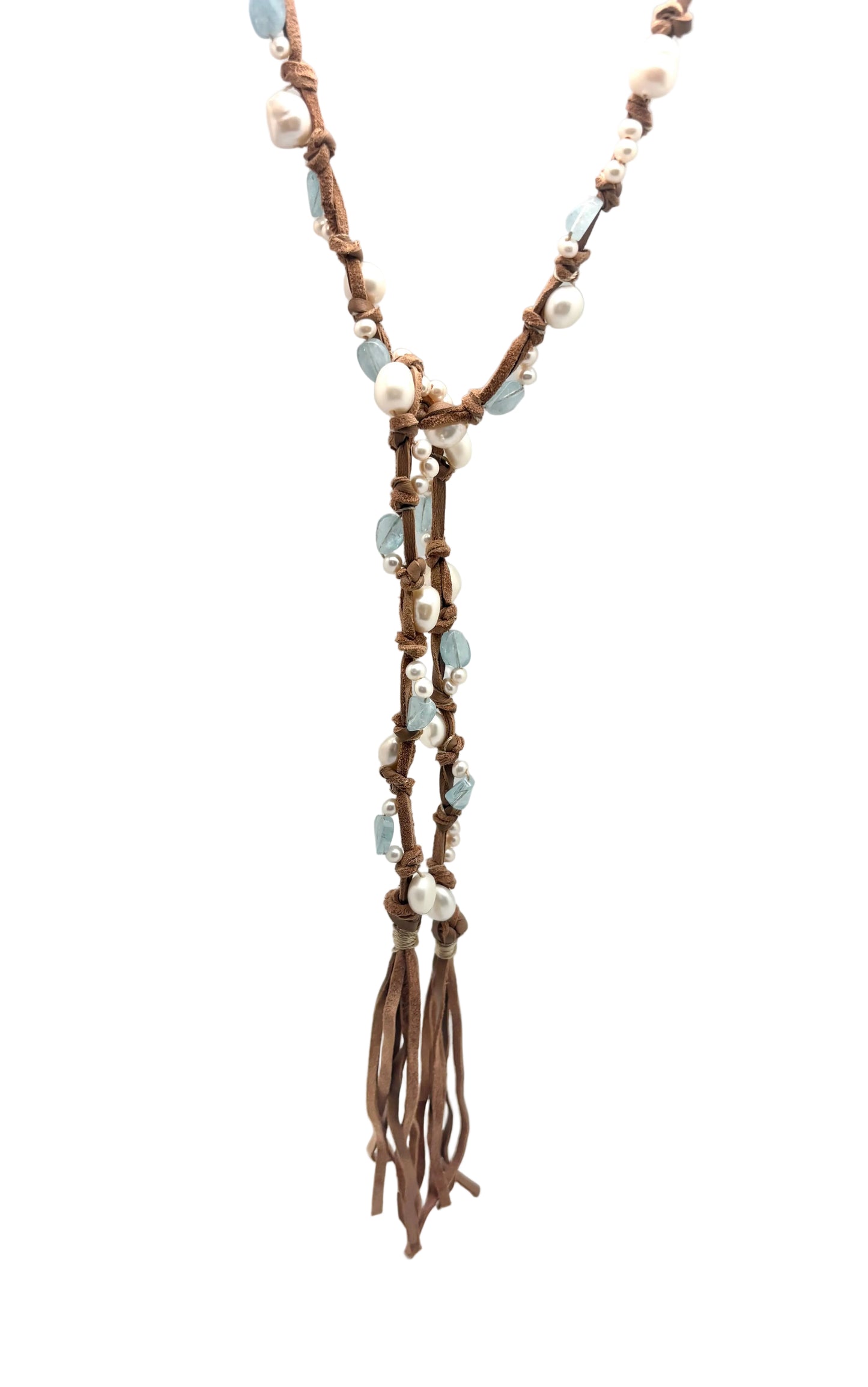 Inger Tassel Lariat - white pearl/aquamarine