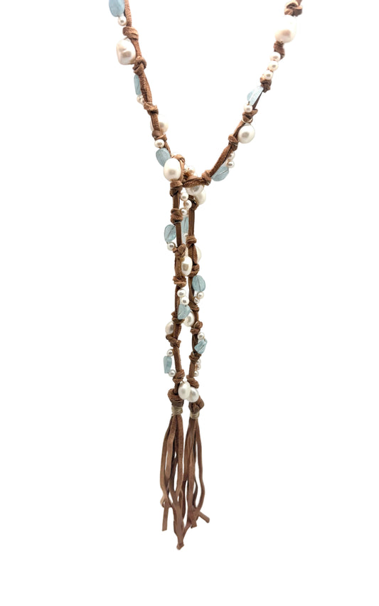 Inger Tassel Lariat - white pearl/aquamarine