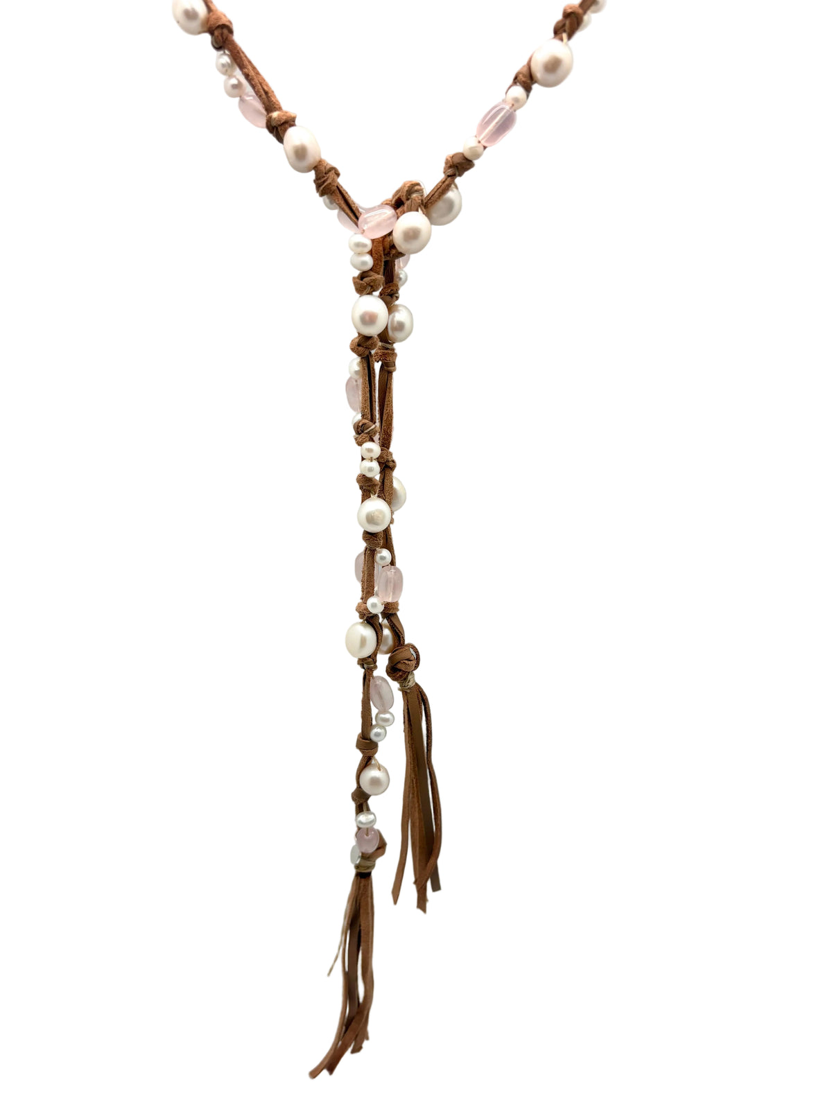 Inger Tassel Lariat - white pearl/rose quartz