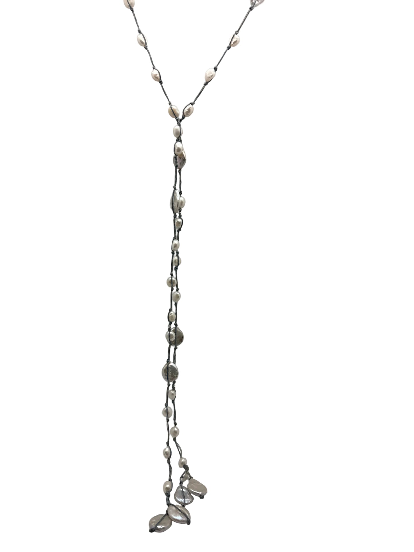 Sofie Silk Lariat - gray / white pearl