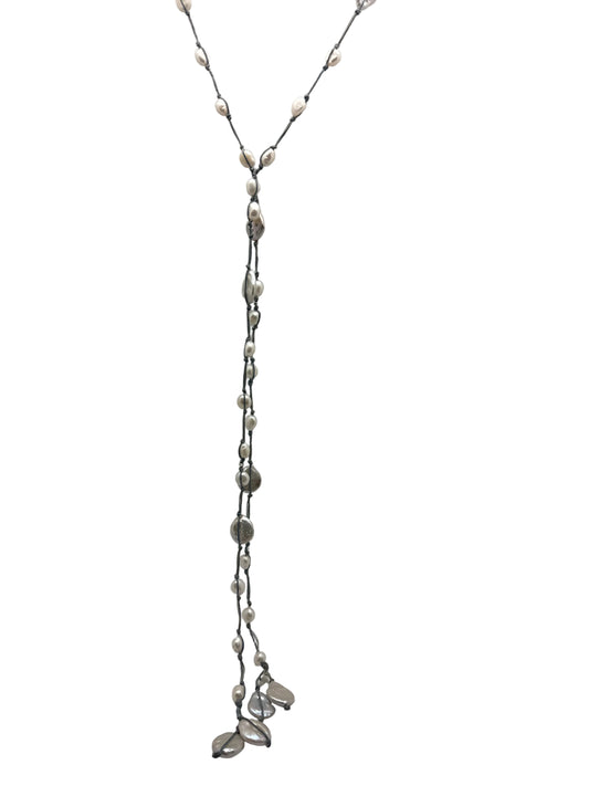 Sofie Silk Lariat - gray / white pearl