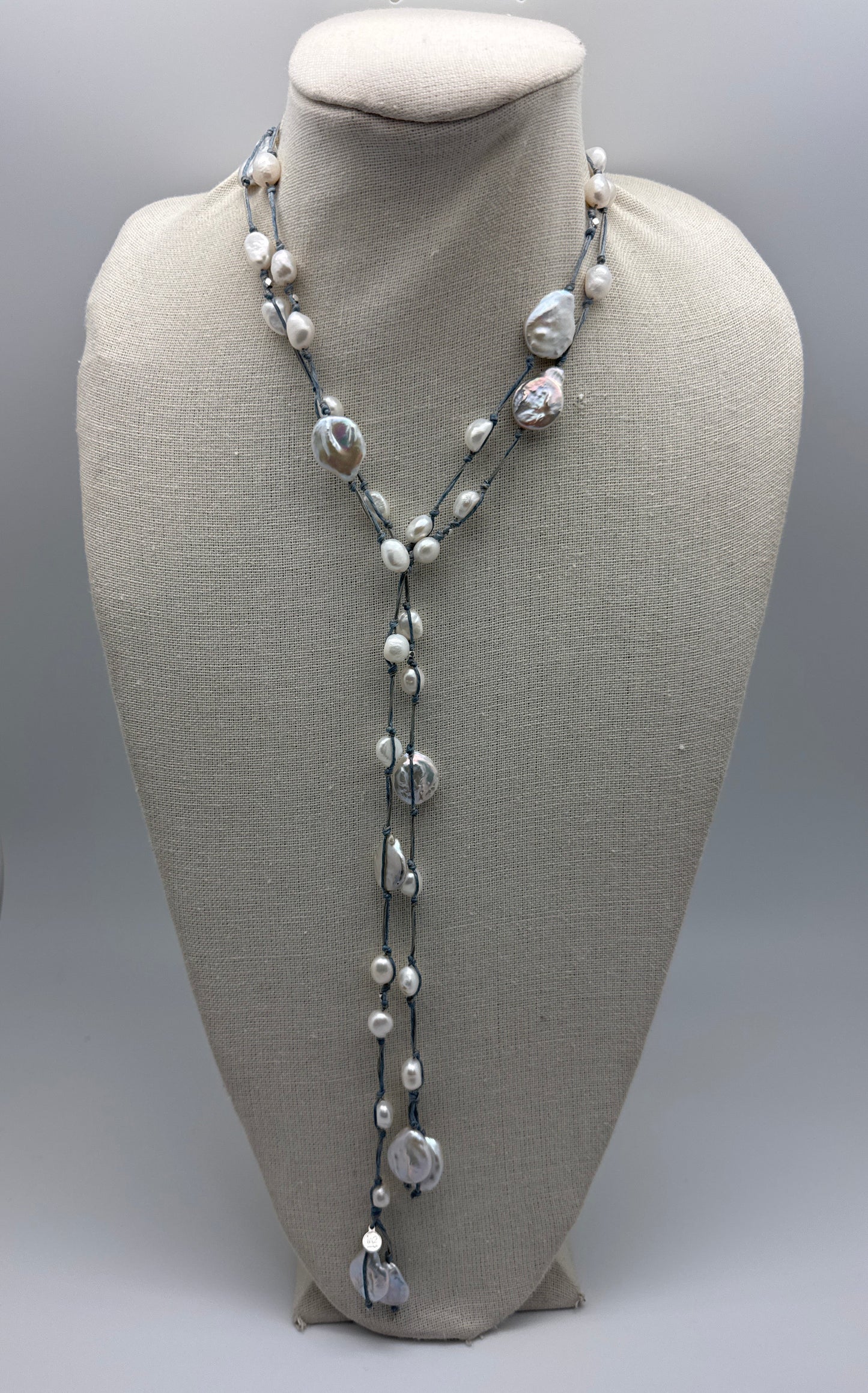 Sofie Silk Lariat - gray / white pearl