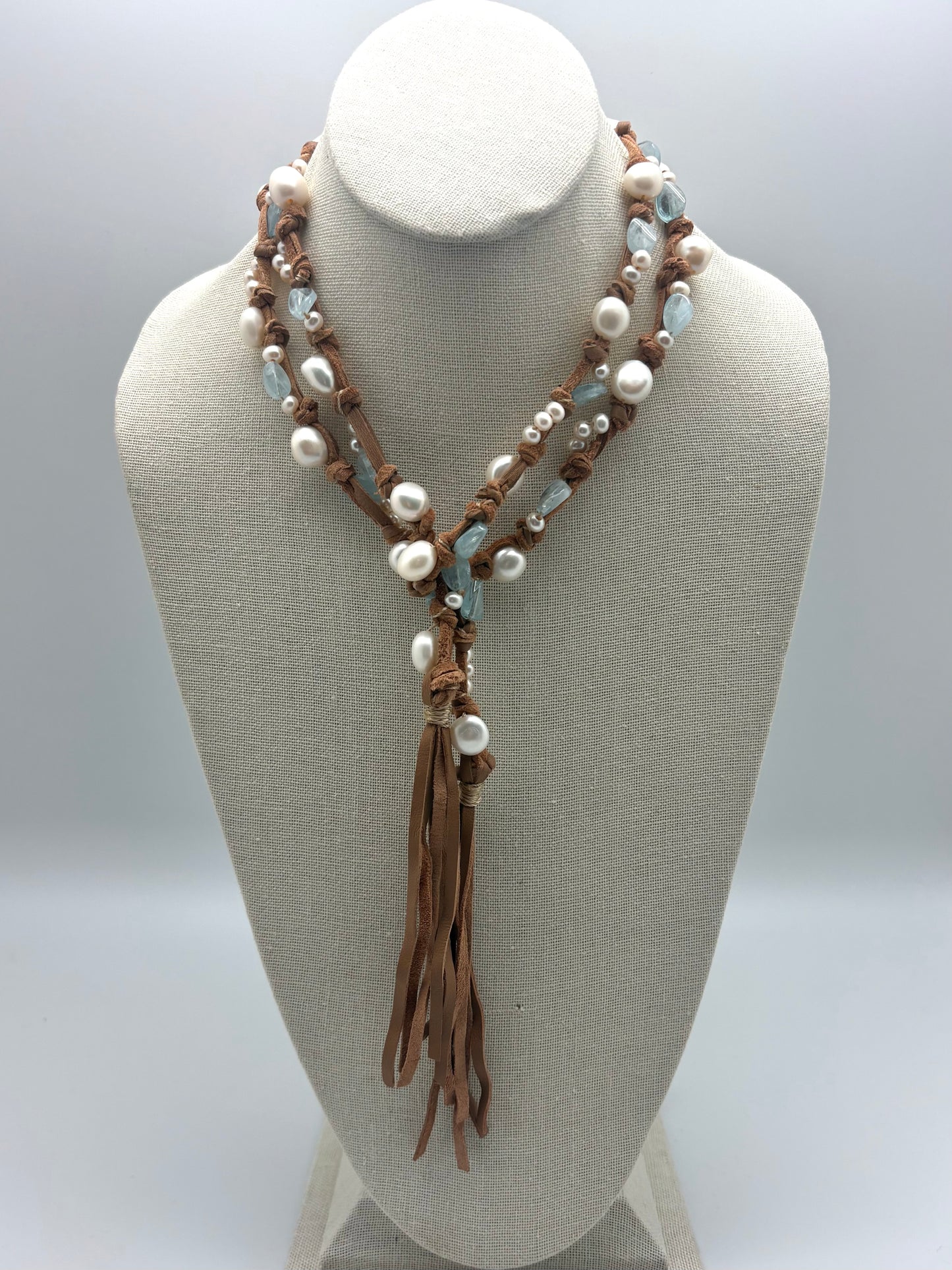 Inger Tassel Lariat - white pearl/aquamarine