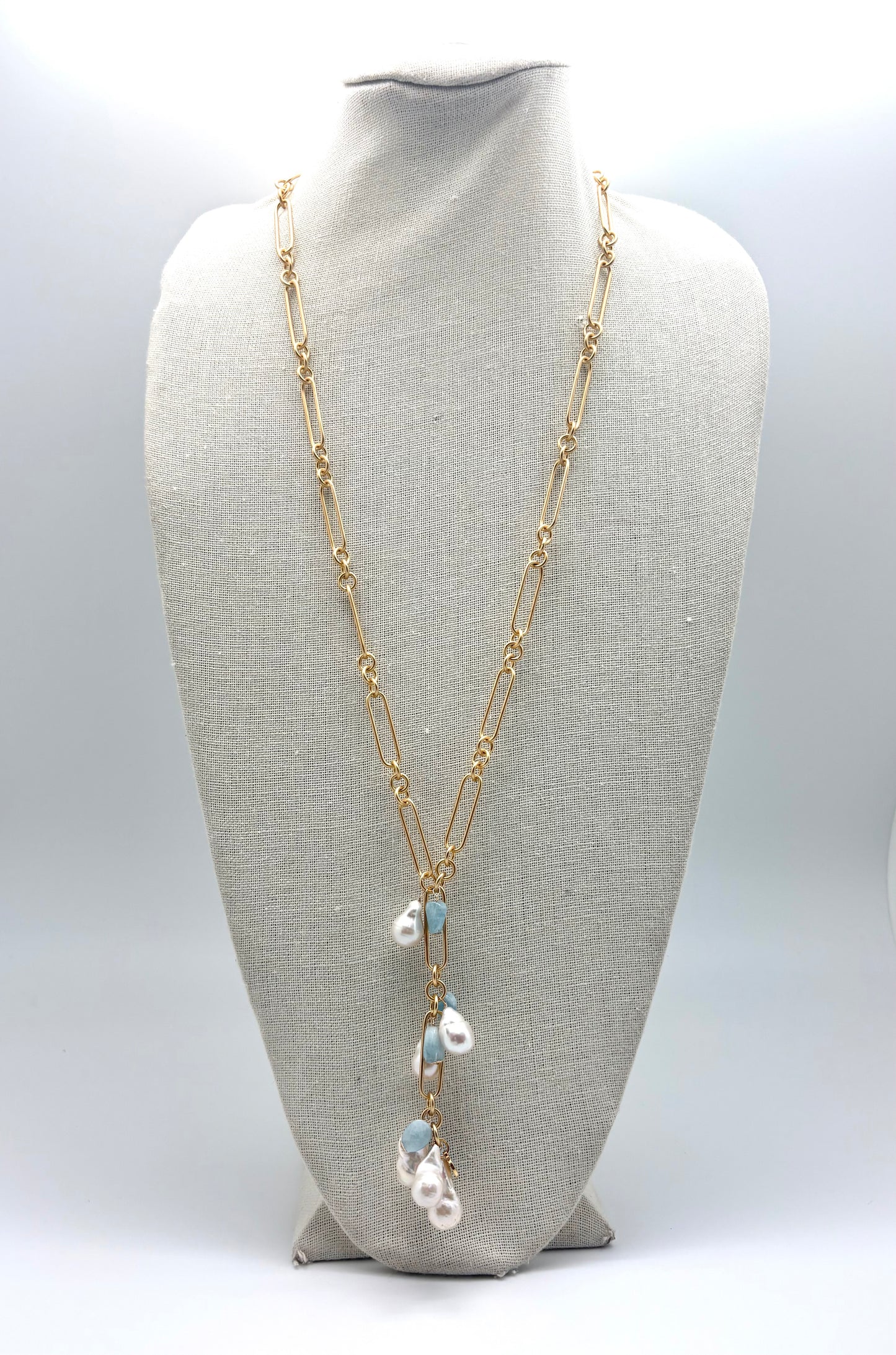 Brook Necklace - white pearl/aquamarine
