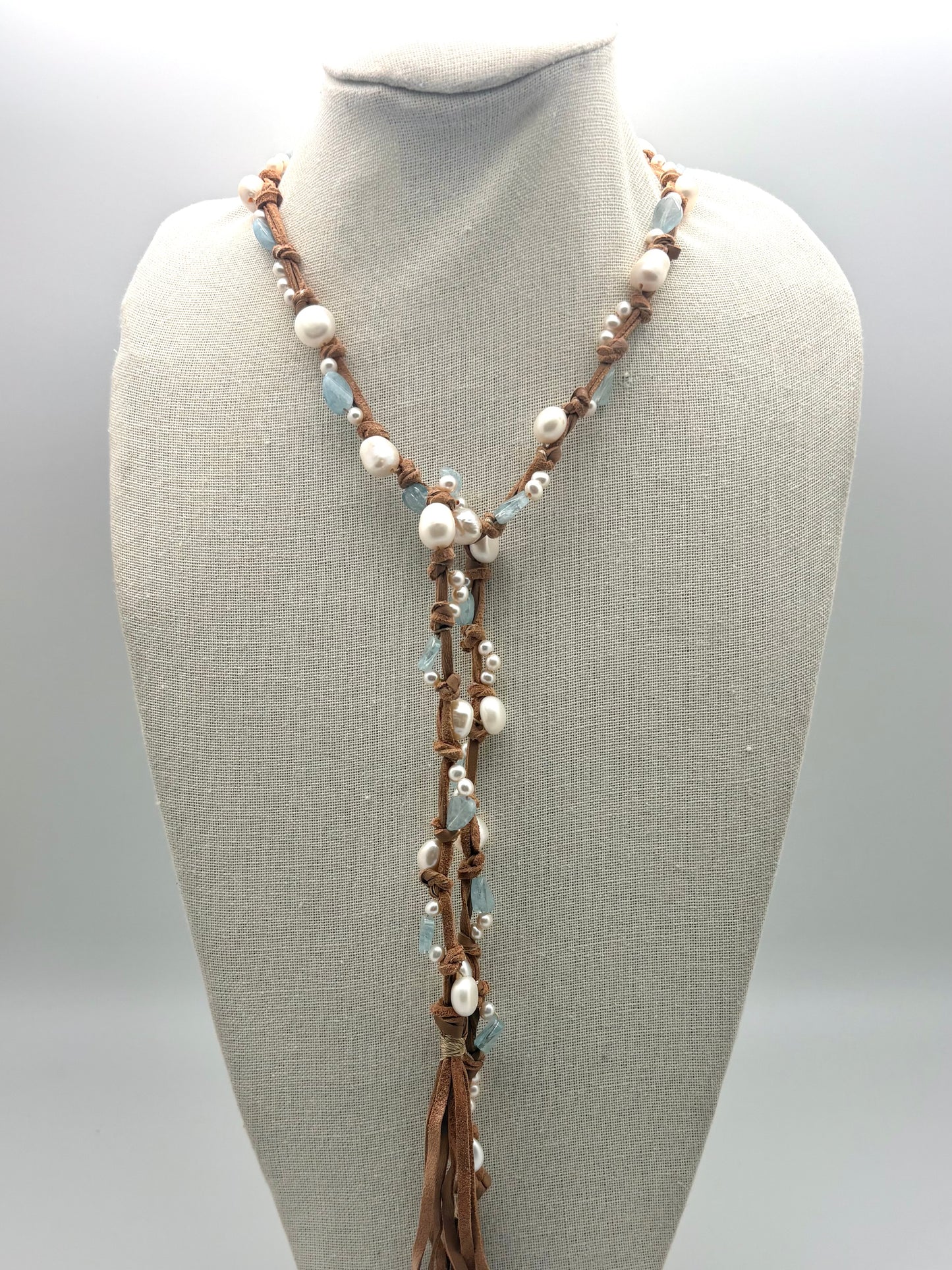 Inger Tassel Lariat - white pearl/aquamarine