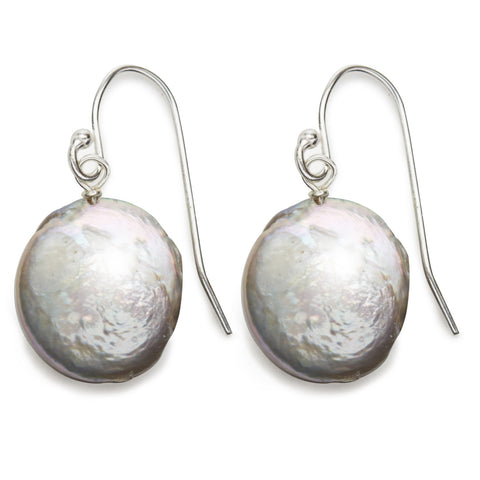 Coin Pearl Earrings - silver/grey