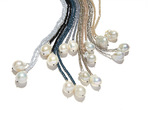 Petra Lariat, teal crystals/baroque pearls