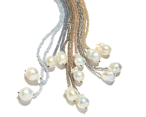 Petra Lariat, aqua crystals/baroque pearls