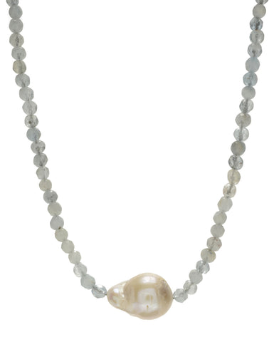 Iselia single Necklace - aquamarine/pearl