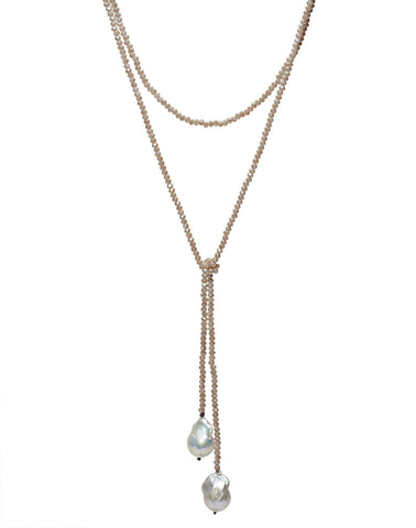 Petra Lariat, rose crystals/baroque pearls