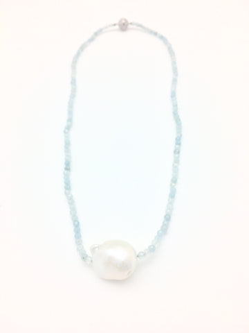 Iselia single Necklace - aquamarine/pearl