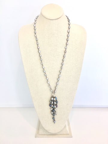 Emilia necklace, grey pearl/brown silk