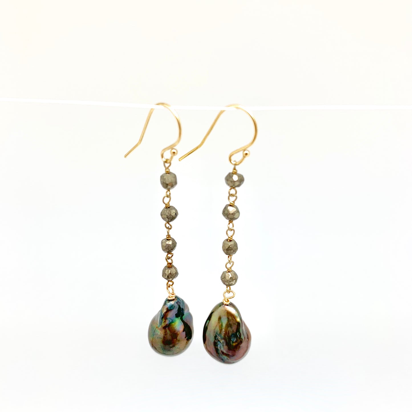 Dangle baroque earrings - pyrite, peacock pearl.