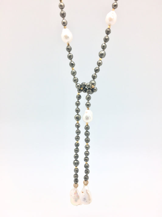 Alice Lariat - pyrite/white baroque  pearls