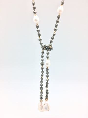 Alice Lariat - pyrite/white baroque  pearls
