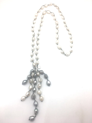 Emilia necklace, white pearl/grey silk