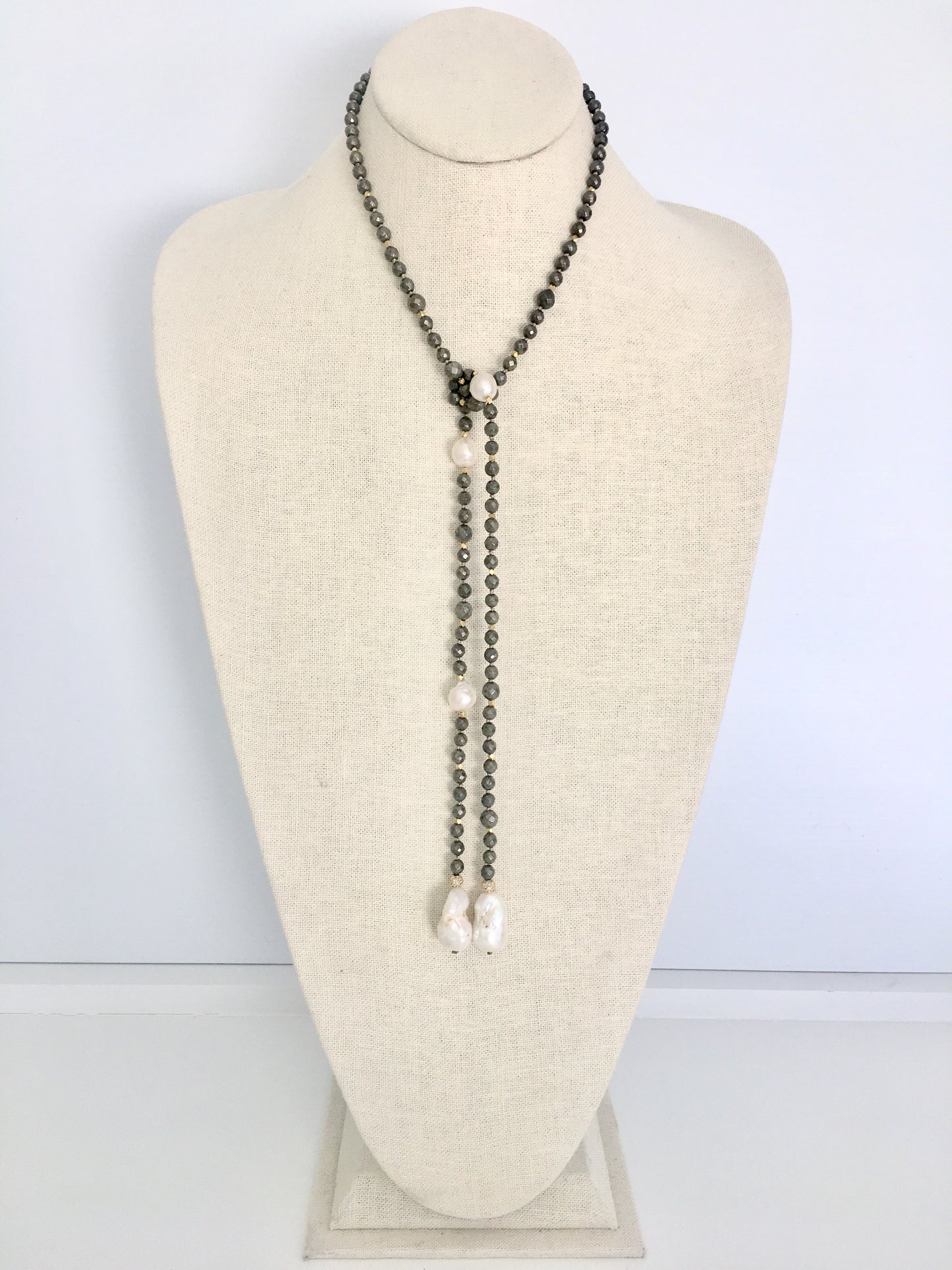 Alice Lariat - pyrite/white baroque  pearls