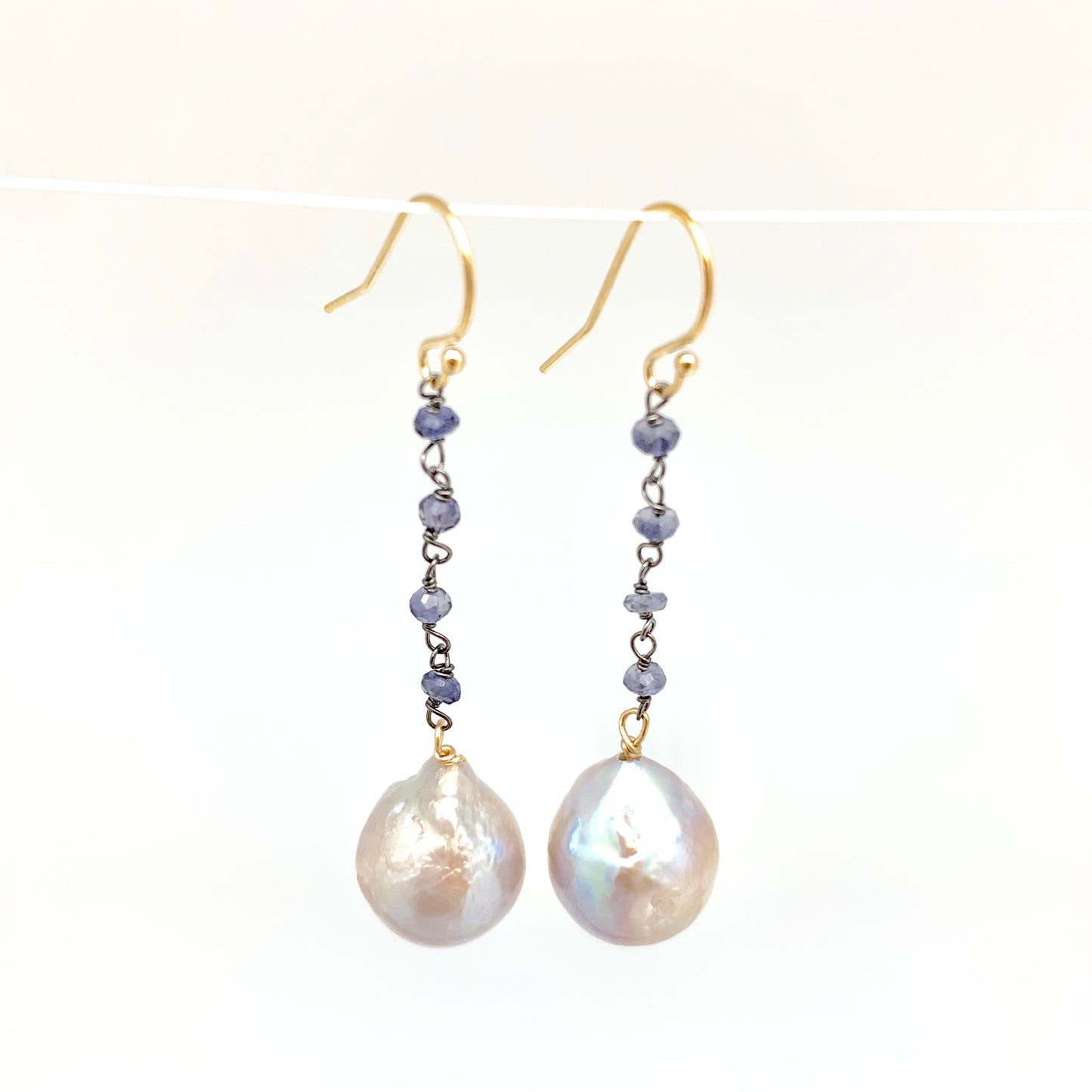 Dangle Baroque Earrings - iolite, light grey pearl