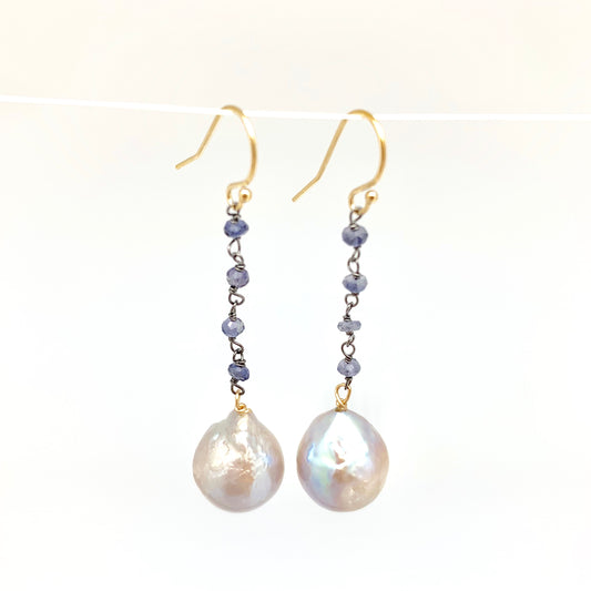 Dangle Baroque Earrings - iolite, light grey pearl