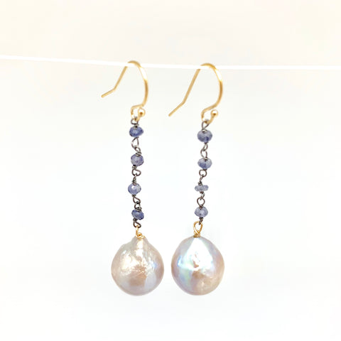 Dangle Baroque Earrings - iolite, light grey pearl